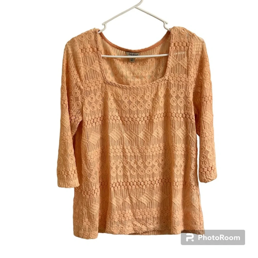 Lucky Brand Womens M Blush Pink Crochet 3/4 Sleeves Boho Top Sheer Square Neck